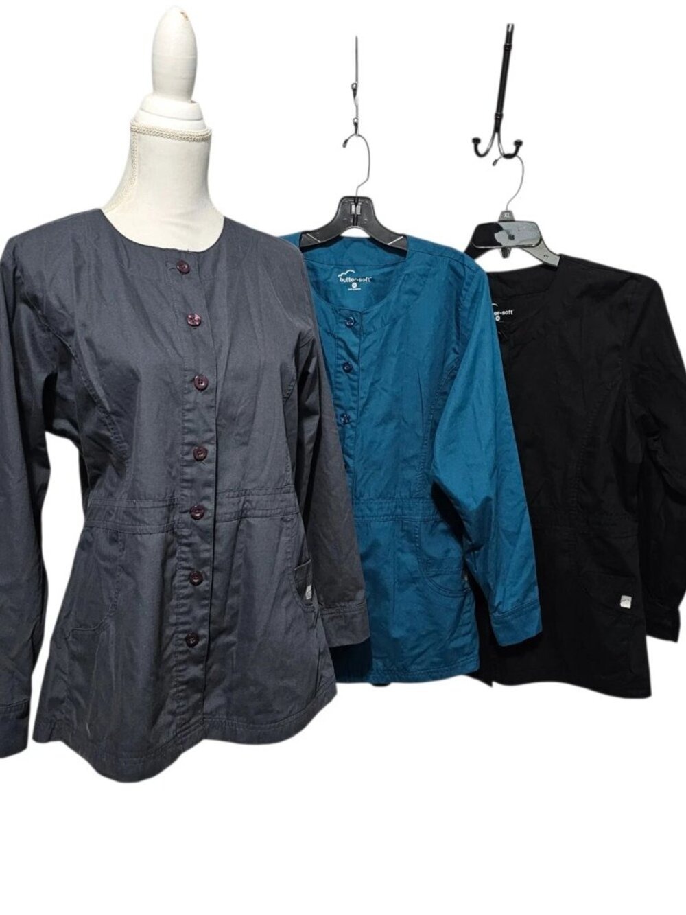 Bundle Butter-Soft Scrub Jackets Size Medium Black Gray Blue Nurse CNA